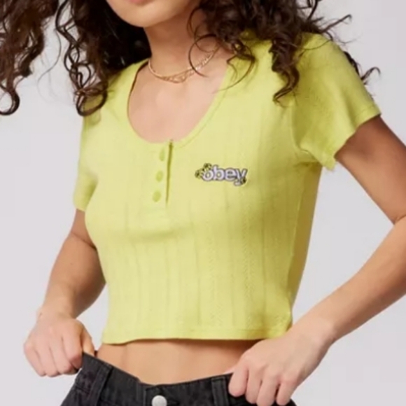 OBEY Alina Pointelle Top, Size S, Color Lime - Picture 2 of 5